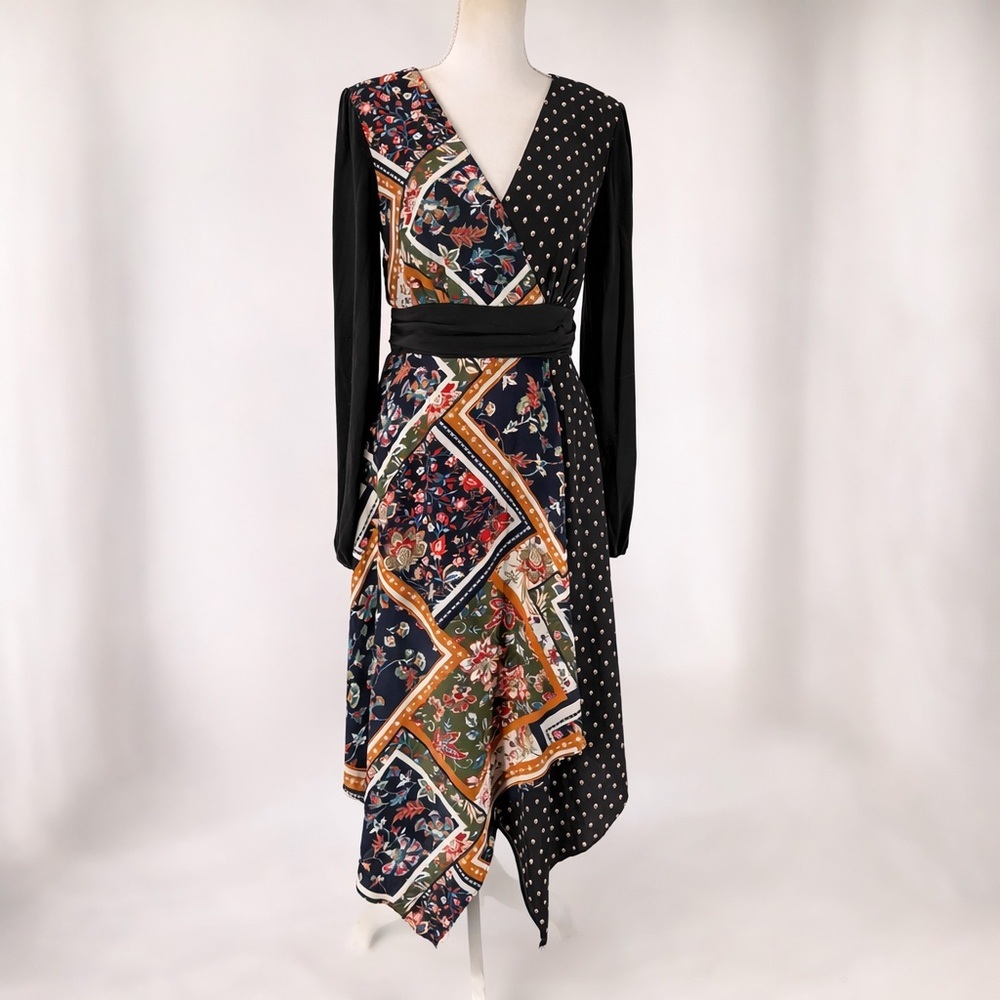 Mystree Women S Patchwork Faux Wrap Midi Dress Asymmetrical Hem Mixed Print NWT
